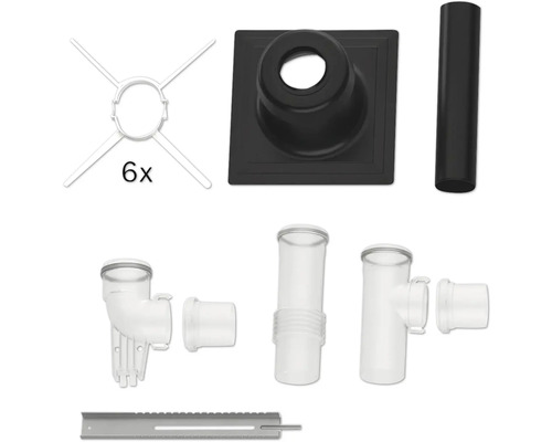 Anschlussset für Wanddurchführungen mit Manschette, Rohr, Kunststoffteilen, Montageschiene und sechs Befestigungsringen.