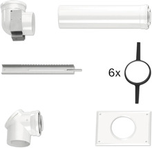 Kit de composants pour conduit d évacuation des fumées comprenant des tuyaux, une plaque murale, un rail de montage et six joints.