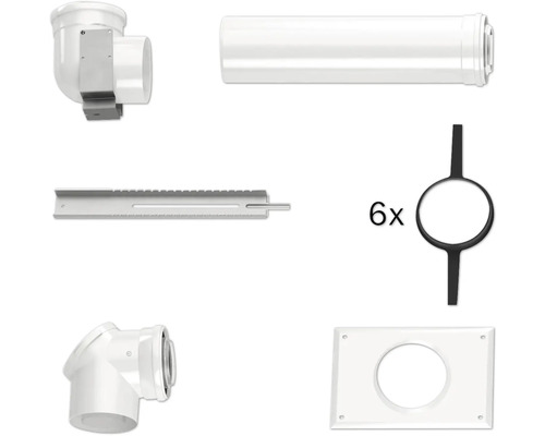 Kit de composants pour conduit d évacuation des fumées comprenant des tuyaux, une plaque murale, un rail de montage et six joints.