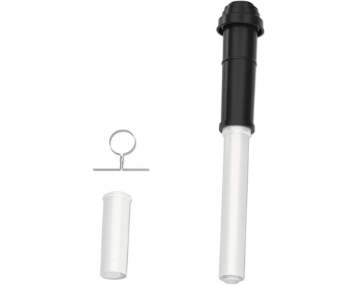 Kit de tuyau télescopique pour l'écoulement d'un lavabo avec pièce de tuyau supplémentaire et un collier de fixation métallique.