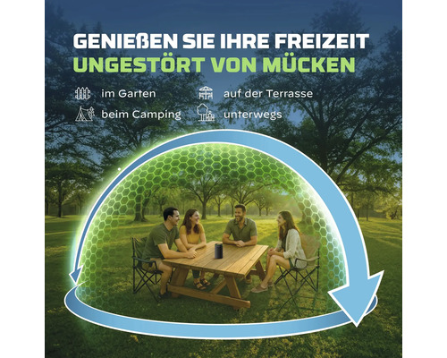 Tragbares Mückenschutzgerät auf einem Tisch im Garten, mit symbolischer Schutzzone über einer Gruppe von vier Personen beim Picknick.