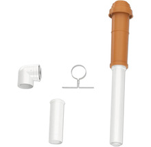 Kit de passage de toit pour chauffage avec sortie de toit en terre cuite et blanc, tube de rallonge, coude et collier de fixation.