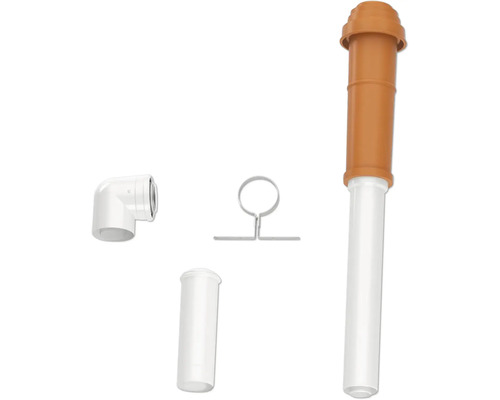 Kit de passage de toit pour chauffage avec sortie de toit en terre cuite et blanc, tube de rallonge, coude et collier de fixation.
