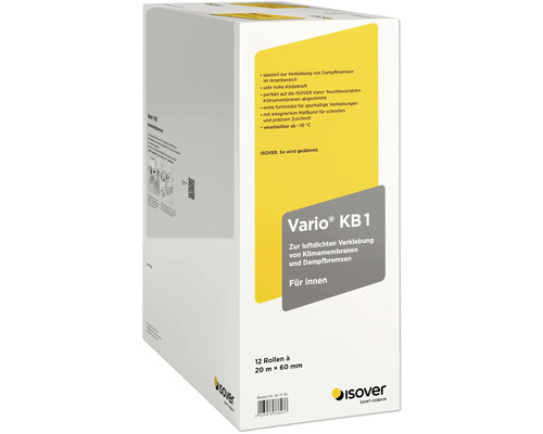 Boîte de ruban adhésif Isover Vario KB1 contenant 12 rouleaux de 20 mètres par 60 millimètres pour pare-vapeur en intérieur.