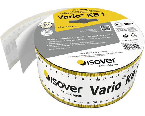 Ruban adhésif ISOVER Vario KB 1 simple face pour pare-vapeur et membranes climatiques, 20 mètres par 60 millimètres, avec mètre ruban intégré.