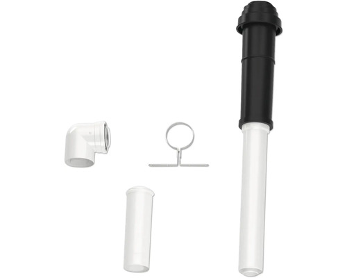 Kit de passage de toit avec conduit de fumée vertical, coude blanc, section de tuyau et collier de fixation en métal.