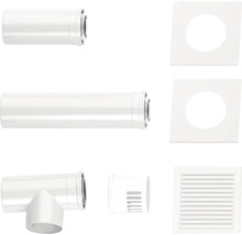 Kit de conduits d évacuation blanc comprenant deux tuyaux de rallonge, un raccord en T, deux plaques murales et une grille de ventilation.
