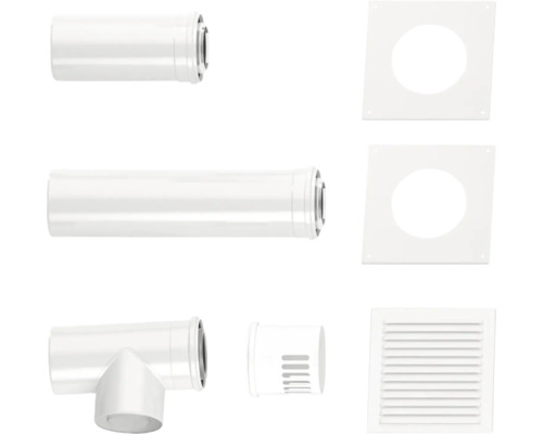 Kit de conduits d évacuation blanc comprenant deux tuyaux de rallonge, un raccord en T, deux plaques murales et une grille de ventilation.