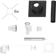 Dachdurchführungsset mit schwarzer Dachhaube, weißem Rohr, Bögen, Montageschiene, Abdeckplatte und sechs Abstandshaltern.