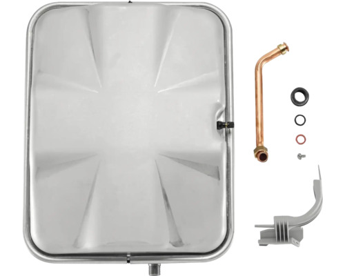 Vase d expansion plat en métal avec kit de montage comprenant un tuyau en cuivre, des joints et un support.