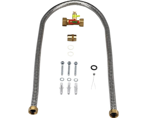 Kit de raccordement pour vases d expansion avec tuyau flexible armé, vanne à capuchon, joints et matériel de montage comprenant vis et chevilles.
