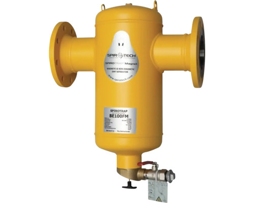 Séparateur de boues magnétique Spirotech Spirotrap BE100FM jaune avec raccordement à bride et vanne de vidange.