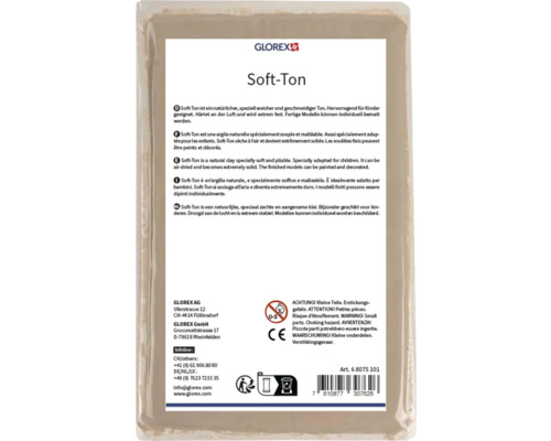 Glorex Soft-Ton lufttrocknende Modelliermasse in Kunststoffverpackung mit Glorex Logo, CE-Zeichen und Warnhinweis für Kinder unter 3 Jahren.