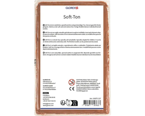 Rückseite der Verpackung von Glorex Soft-Ton natürlichem lufthärtendem Modellierton mit Produktbeschreibungen und Sicherheitssymbolen.
