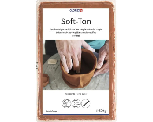 Glorex Soft-Ton, geschmeidiger natürlicher Ton in Terracotta, lufttrocknend in 12 bis 24 Stunden, bemalbar, 500 Gramm Packung.