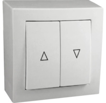 Interrupteur pour volets roulants en saillie avec deux bascules et symboles de flèches.