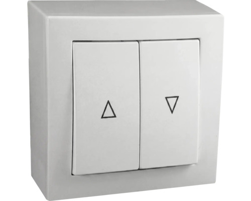 Interrupteur pour volets roulants en saillie avec deux bascules et symboles de flèches.