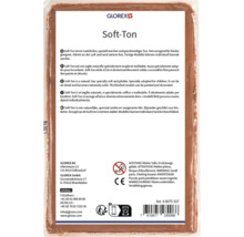 Rückseite der Verpackung von Glorex Soft-Ton, lufttrocknende Modelliermasse in Braun mit Produktinformationen und Glorex Logo.