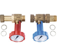 Vannes à bille en laiton avec thermomètres intégrés dans les poignées et joints pour installations de chauffage.