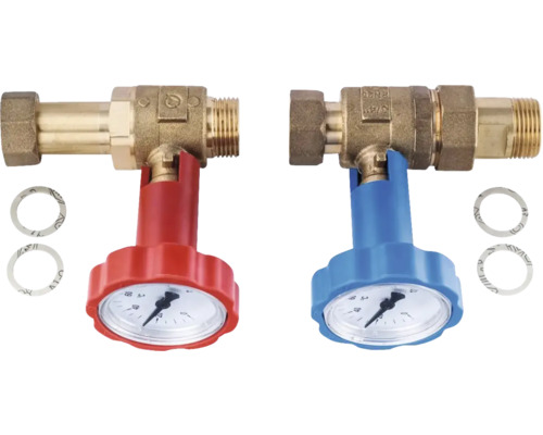 Vannes à bille en laiton avec thermomètres intégrés dans les poignées et joints pour installations de chauffage.