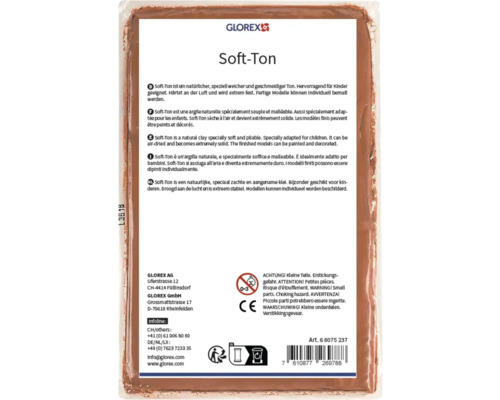 Rückseite der Glorex Soft-Ton Modelliermasse mit Produktinformationen, Warnhinweisen, GLOREX Logo, CE-Kennzeichnung und Barcode.
