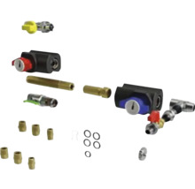 Kit d'installation pour gaz avec vannes d'arrêt, raccords en laiton et joints d'étanchéité.