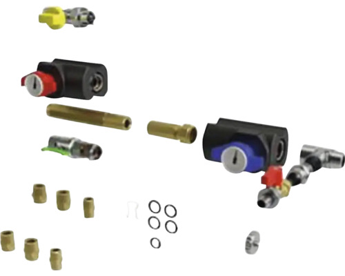 Kit d'installation pour gaz avec vannes d'arrêt, raccords en laiton et joints d'étanchéité.