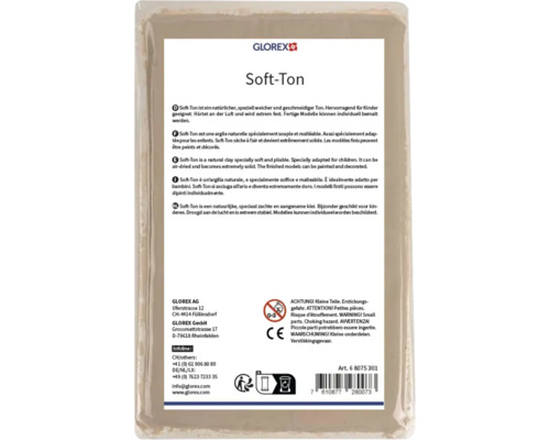 GLOREX Logo, Soft-Ton lufttrocknende Modelliermasse für Kinder, weich und geschmeidig, natürlicher Ton, CE-Kennzeichnung.
