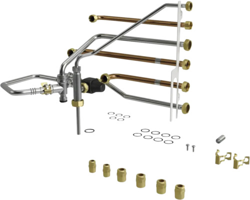 Kit de raccordement pour chauffage avec tuyaux métalliques, bagues d'étanchéité et accessoires de montage.