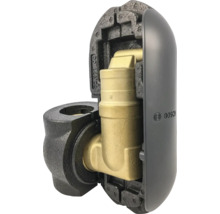 Raccord coudé Bosch en laiton isolé pour systèmes de chauffage avec isolation en mousse noire, couvercle en plastique gris et Bosch Logo