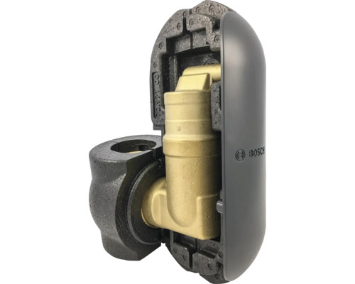 Raccord coudé Bosch en laiton isolé pour systèmes de chauffage avec isolation en mousse noire, couvercle en plastique gris et Bosch Logo