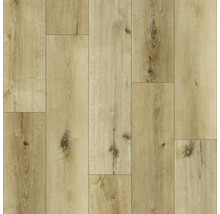 Revêtement de sol aspect bois avec veinage naturel et nœuds en décor chêne clair.