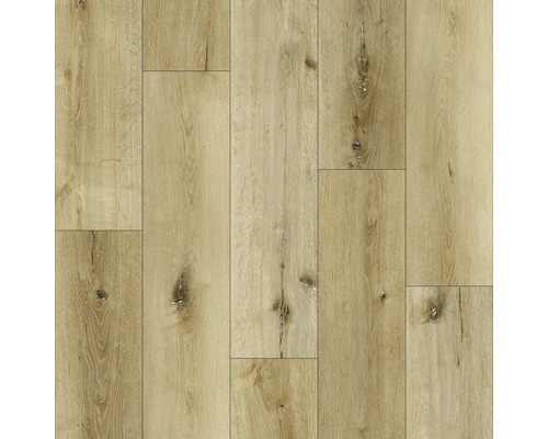 Revêtement de sol aspect bois avec veinage naturel et nœuds en décor chêne clair.