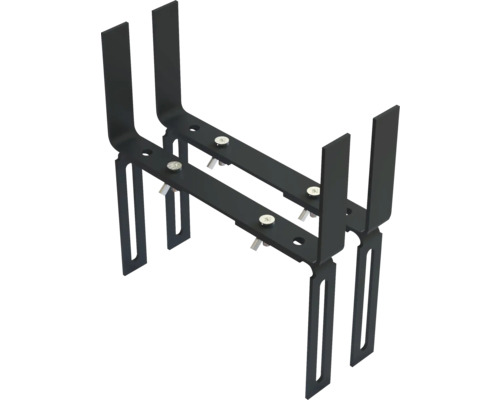 Support de jardinière réglable en métal noir avec vis à oreilles pour la fixation.