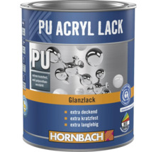 Dose Hornbach PU Acryllack Glanzlack, extra deckend, kratzfest und langlebig, Hornbach Logo, Blauer Engel Umweltsiegel.