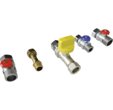Sortiment u Kugelhähnen a Fittings aus Metall a Messing fir Heizungs- a Sanitärinstallatiounen.