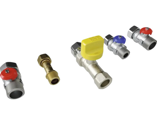 Sortiment u Kugelhähnen a Fittings aus Metall a Messing fir Heizungs- a Sanitärinstallatiounen.