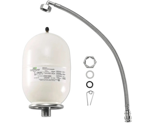 Vase d expansion à membrane Reflex Refix DT2 avec tuyau de raccordement flexible et accessoires de montage pour systèmes d eau potable.