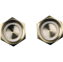 Deux bouchons hexagonaux en laiton avec joint interne pour installations sanitaires.