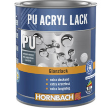 Pot de vernis acrylique polyuréthane Hornbach, brillant, résistant aux rayures, hautement couvrant, label Ange Bleu et Hornbach Logo.