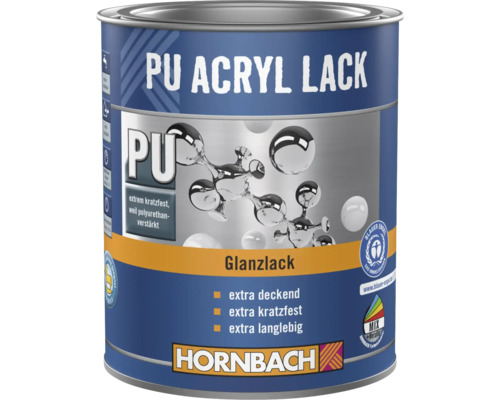 Hornbach PU Acryl Lack Glanzlack, extra kratzfest und langlebig, Umweltsiegel Blauer Engel, sicher für Kinderspielzeug, Hornbach Logo.