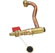 Robinet de vidange et de remplissage en laiton avec tube en cuivre courbé et poignée rouge pour systèmes de chauffage.