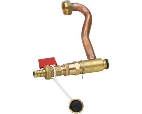 Robinet de vidange et de remplissage en laiton avec tube en cuivre courbé et poignée rouge pour systèmes de chauffage.