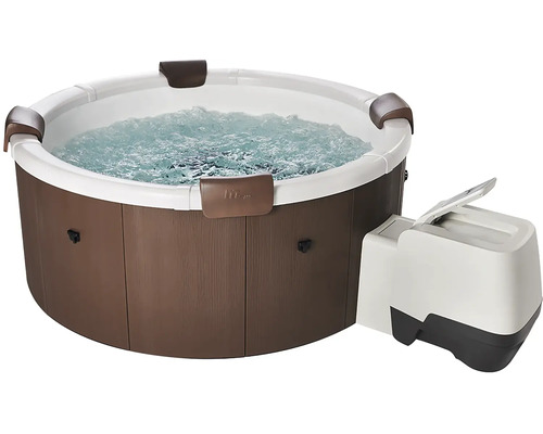 Spa rond aspect bois marron avec quatre appuie-tête, unité de commande externe et eau bouillonnante.