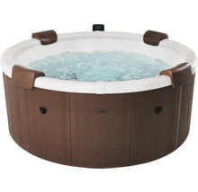Spa rond aspect bois avec quatre appuie-tête, eau bouillonnante et MSpa Logo.