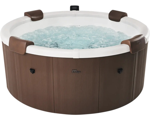 Runder Whirlpool in Holzoptik mit vier Kopfstützen, sprudelndem Wasser und MSpa Logo.