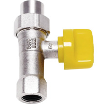 Vanne à boisseau sphérique pour gaz en métal chromé avec poignée rotative jaune, diamètre nominal 15 et pression maximale 5 bar.