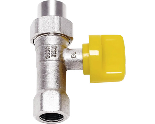 Vanne à boisseau sphérique pour gaz en métal chromé avec poignée rotative jaune, diamètre nominal 15 et pression maximale 5 bar.