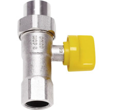 Vanne à boisseau sphérique pour gaz diamètre nominal 20 en métal nickelé avec poignée papillon jaune et filetage femelle.