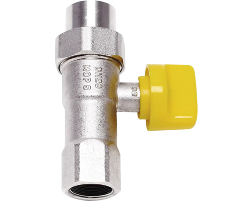 Vanne à boisseau sphérique pour gaz diamètre nominal 20 en métal nickelé avec poignée papillon jaune et filetage femelle.